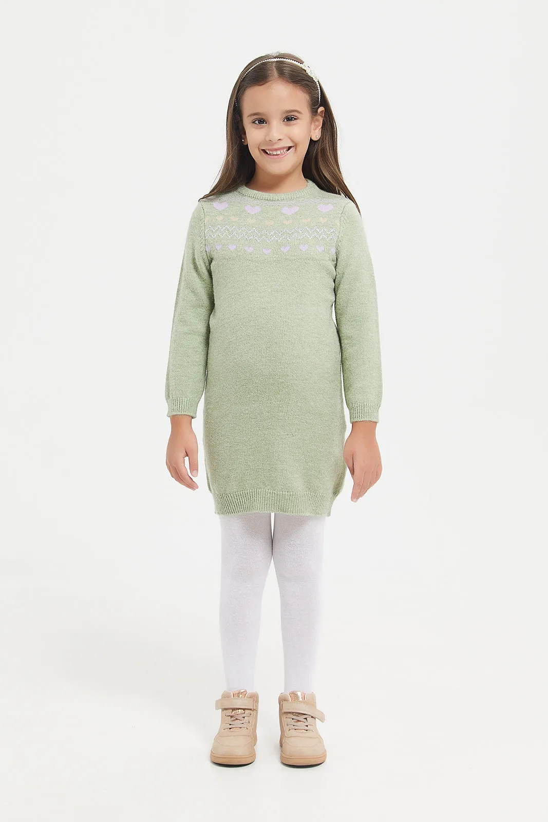 Girls Green Sweater Dress With Stocking (2 Piece)