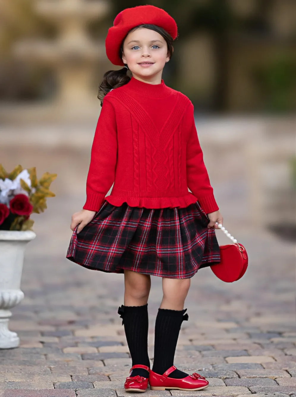 Girls Knit Sweater Dress with Plaid Skirt