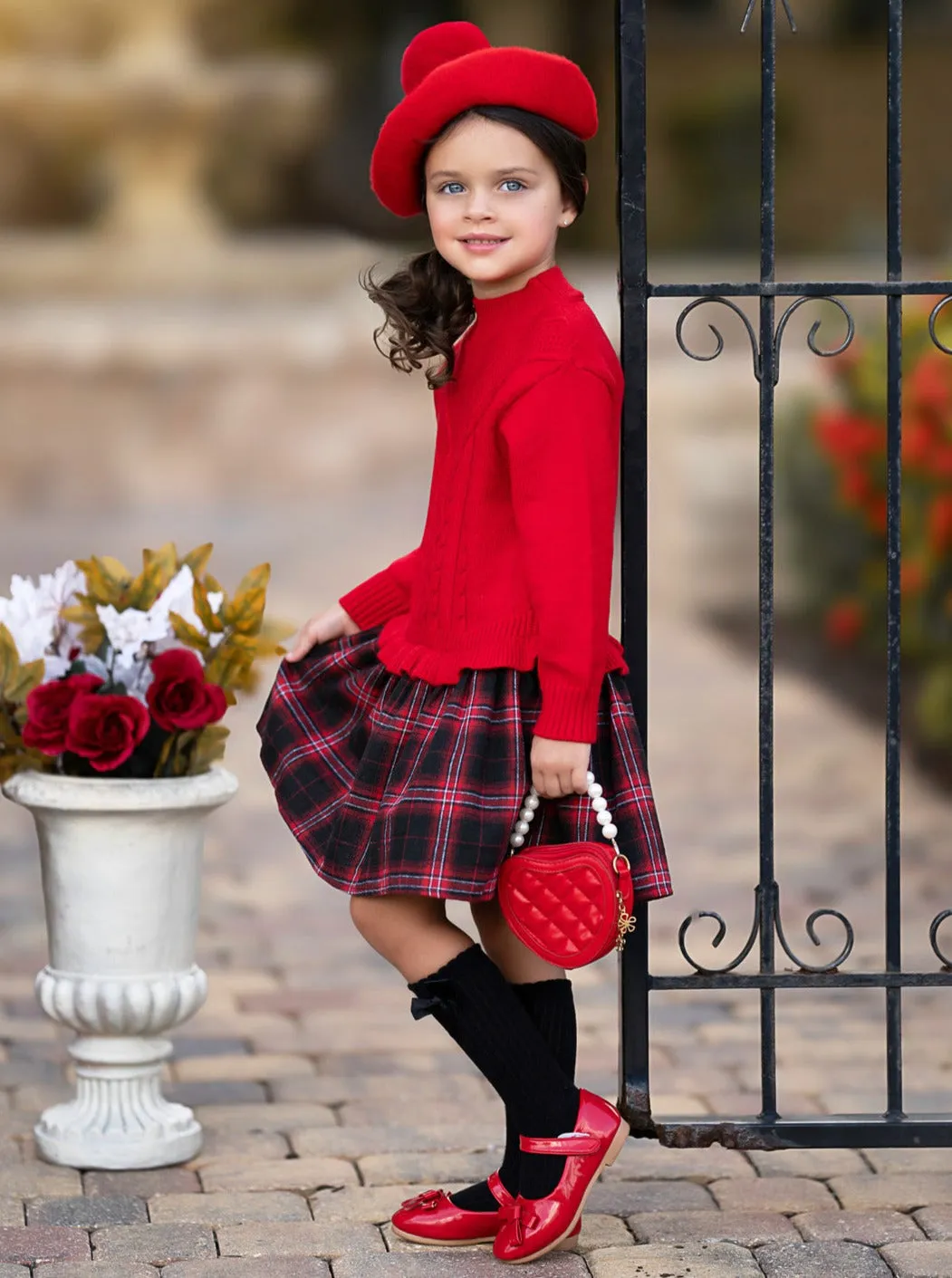 Girls Knit Sweater Dress with Plaid Skirt