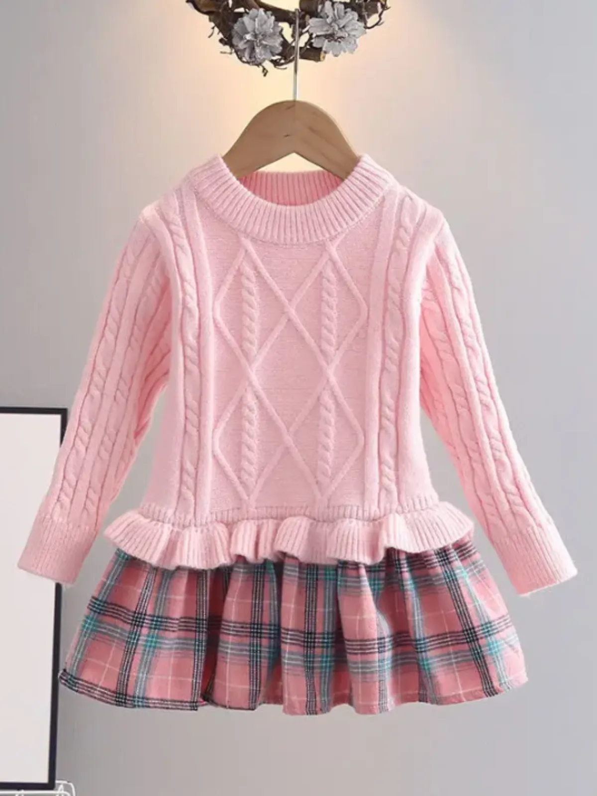 Girls Knit Sweater Dress with Plaid Skirt