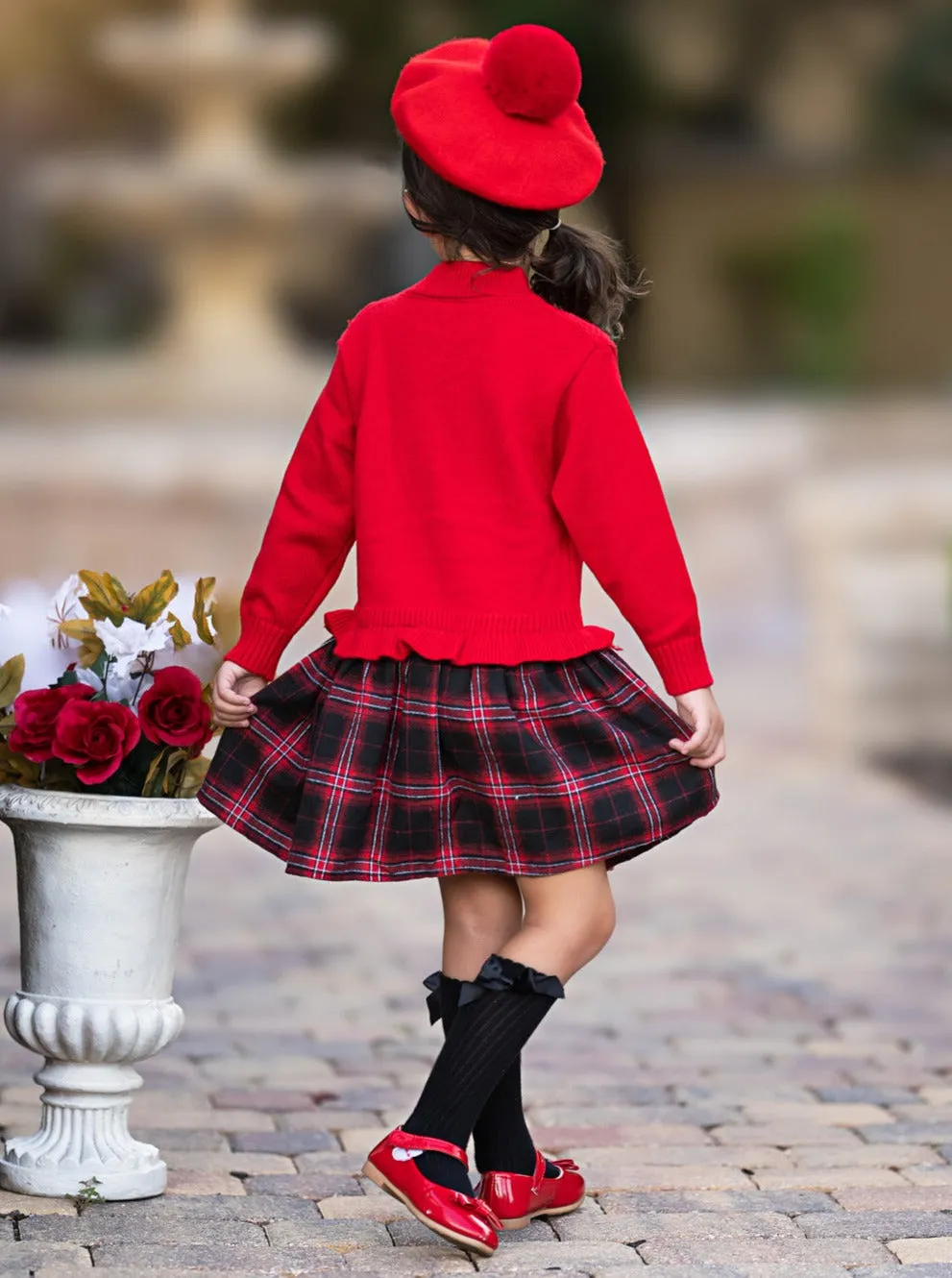 Girls Knit Sweater Dress with Plaid Skirt