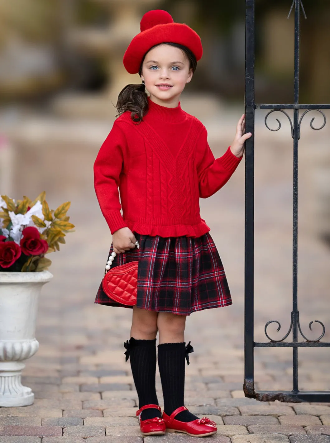 Girls Knit Sweater Dress with Plaid Skirt