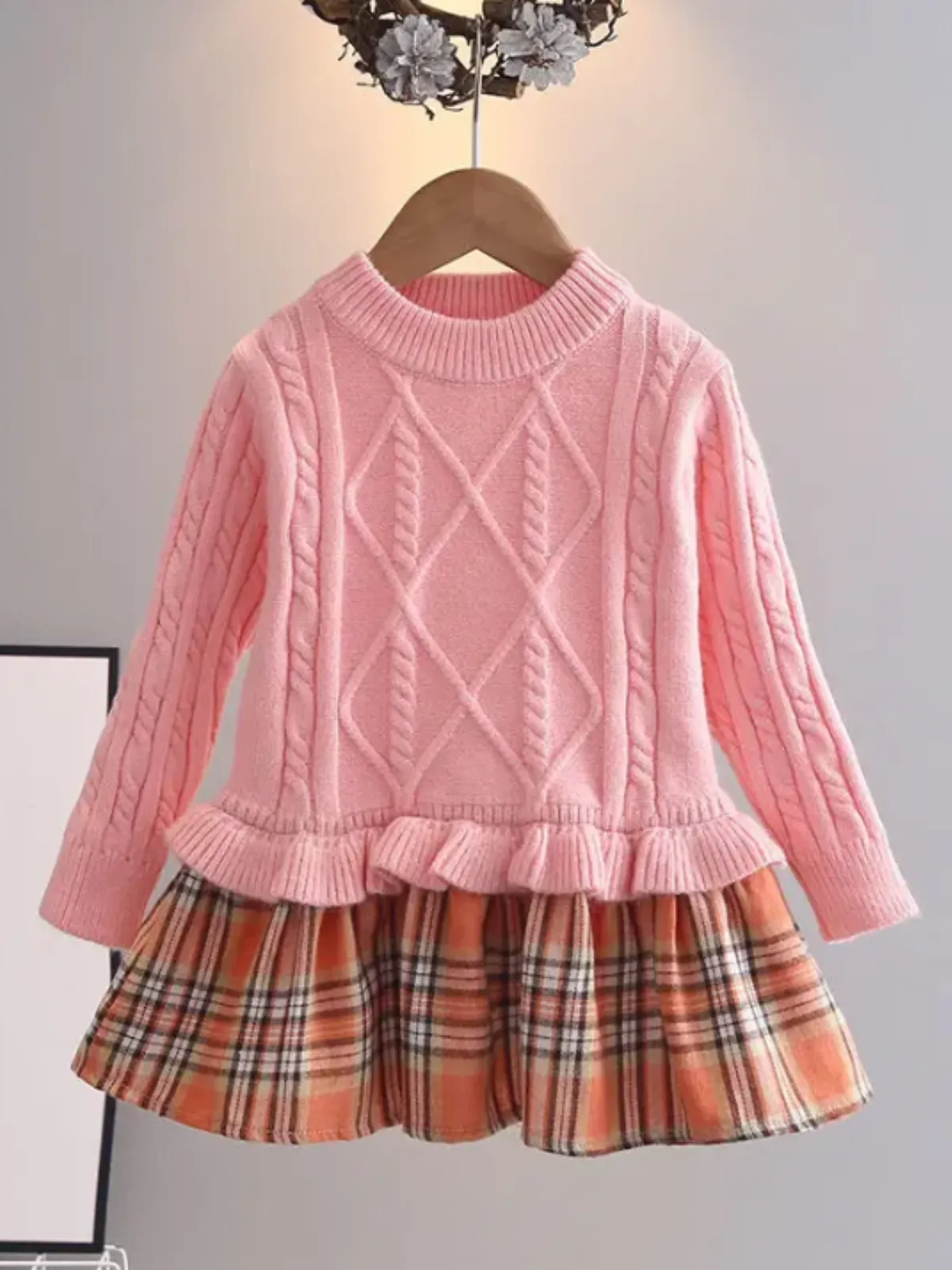 Girls Knit Sweater Dress with Plaid Skirt