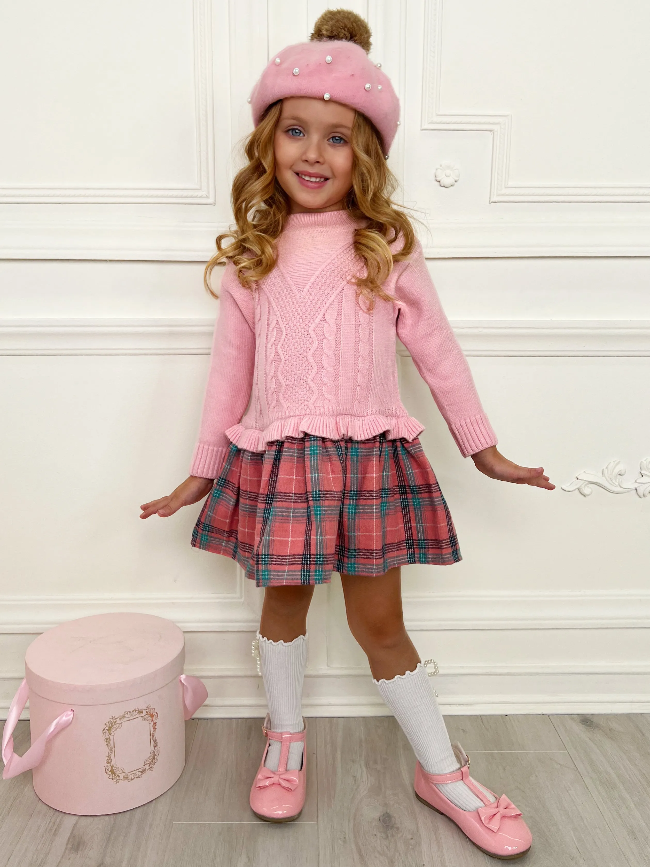 Girls Knit Sweater Dress with Plaid Skirt