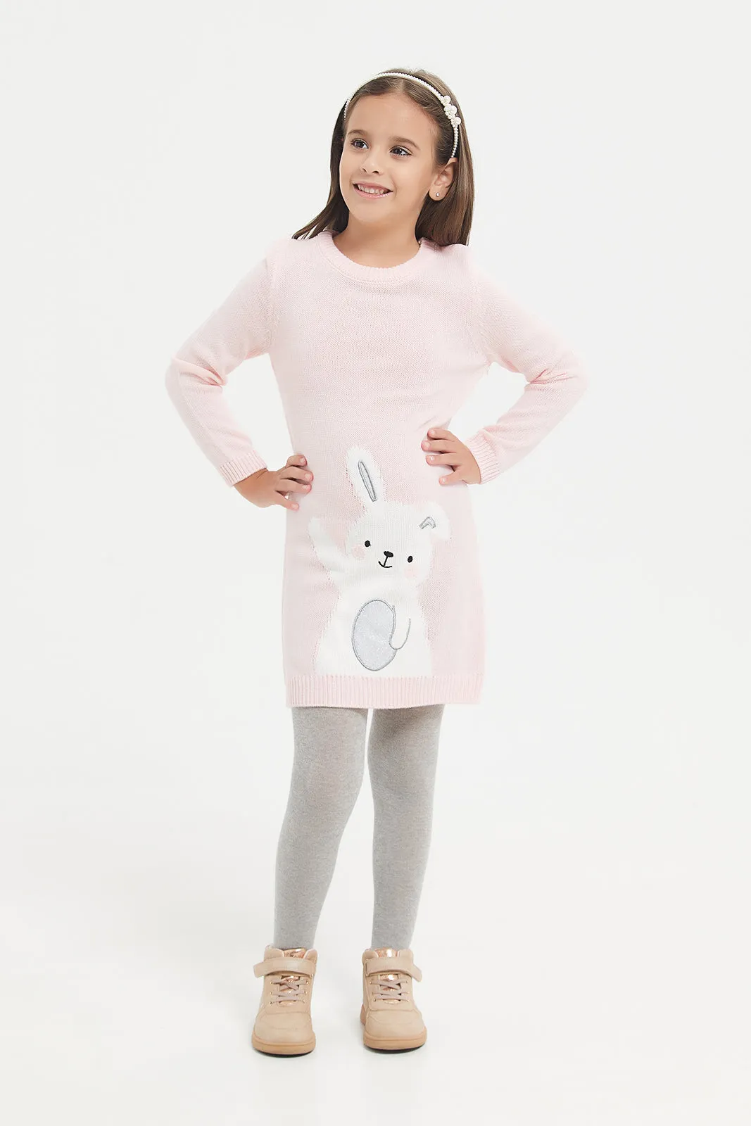 Girls Pink Applique Sweater Dress With Stocking (2 Piece)