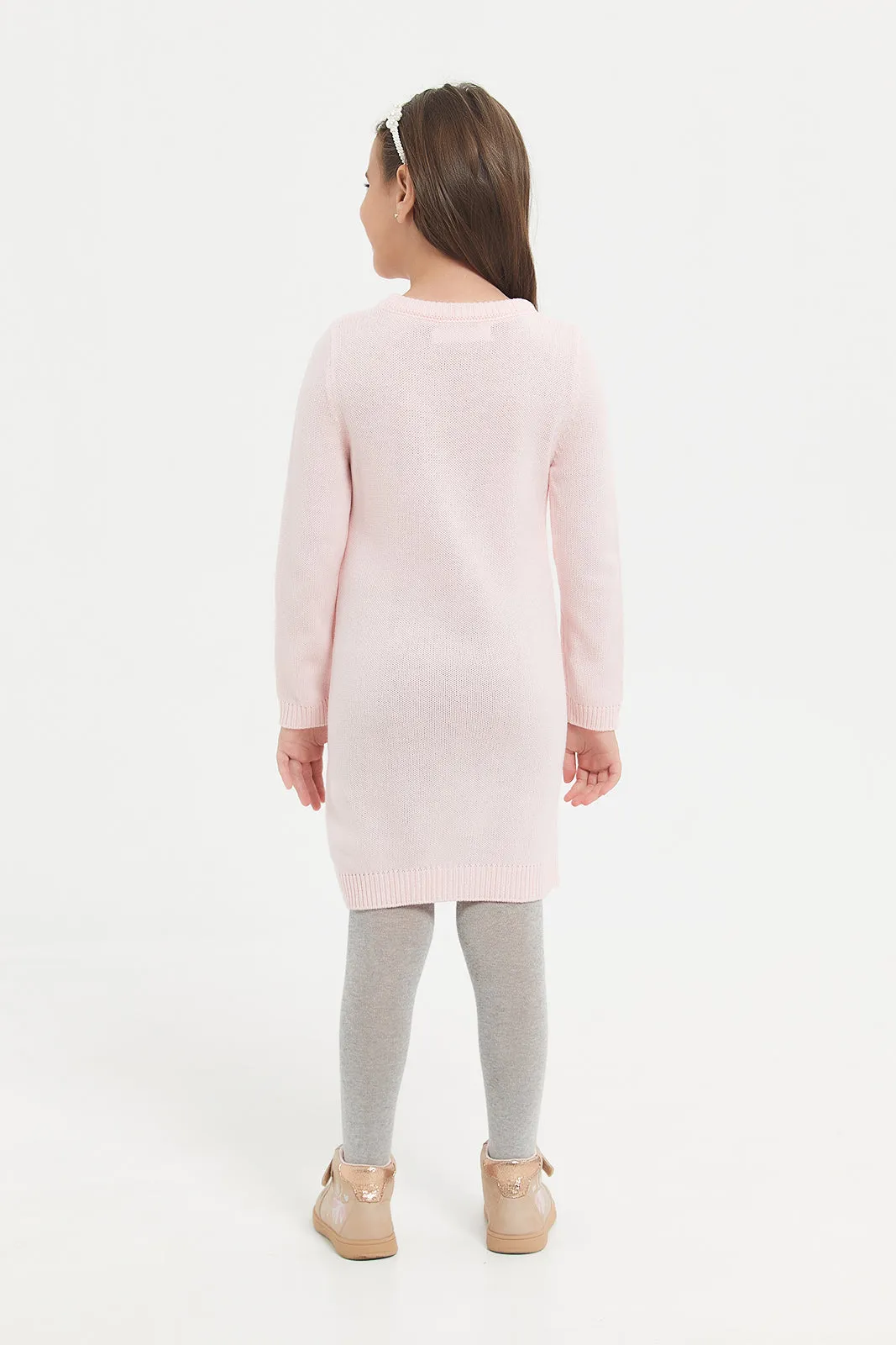 Girls Pink Applique Sweater Dress With Stocking (2 Piece)