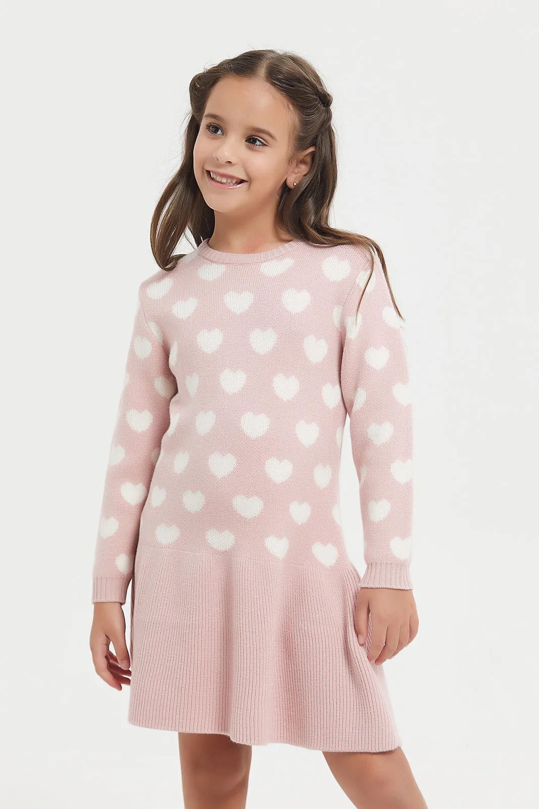 Girls Pink Heart Print Sweater Dress