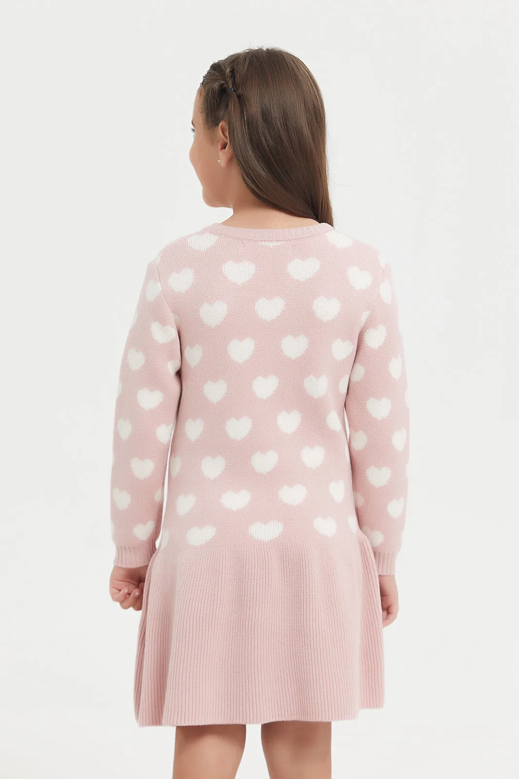 Girls Pink Heart Print Sweater Dress