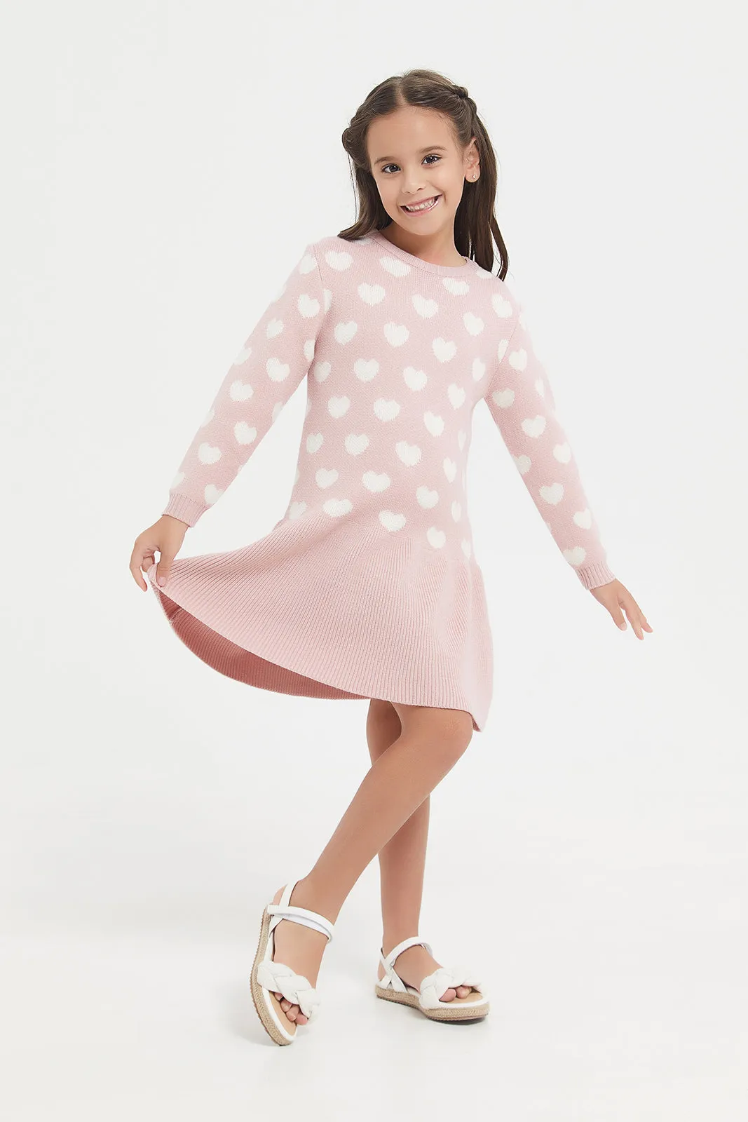 Girls Pink Heart Print Sweater Dress