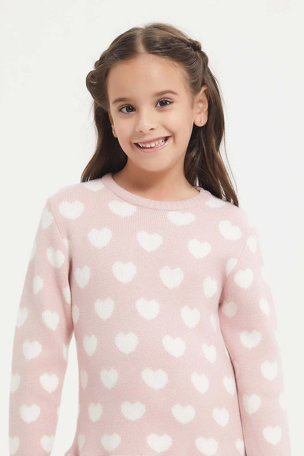 Girls Pink Heart Print Sweater Dress