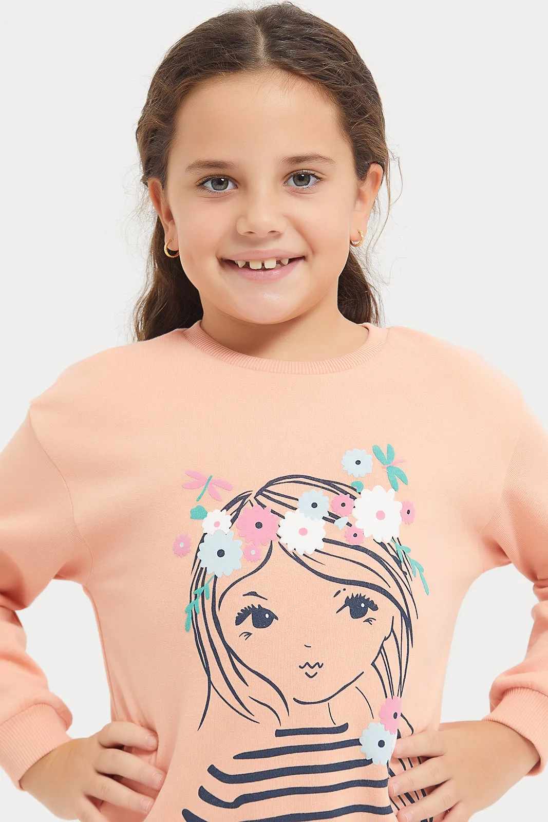 Girls Pink Printed Long Sleeves Sweatshirt