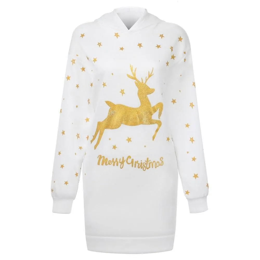 Gold Reindeer Christmas Hooded Sweater Dress: Large print and pockets, great Xmas casualwear