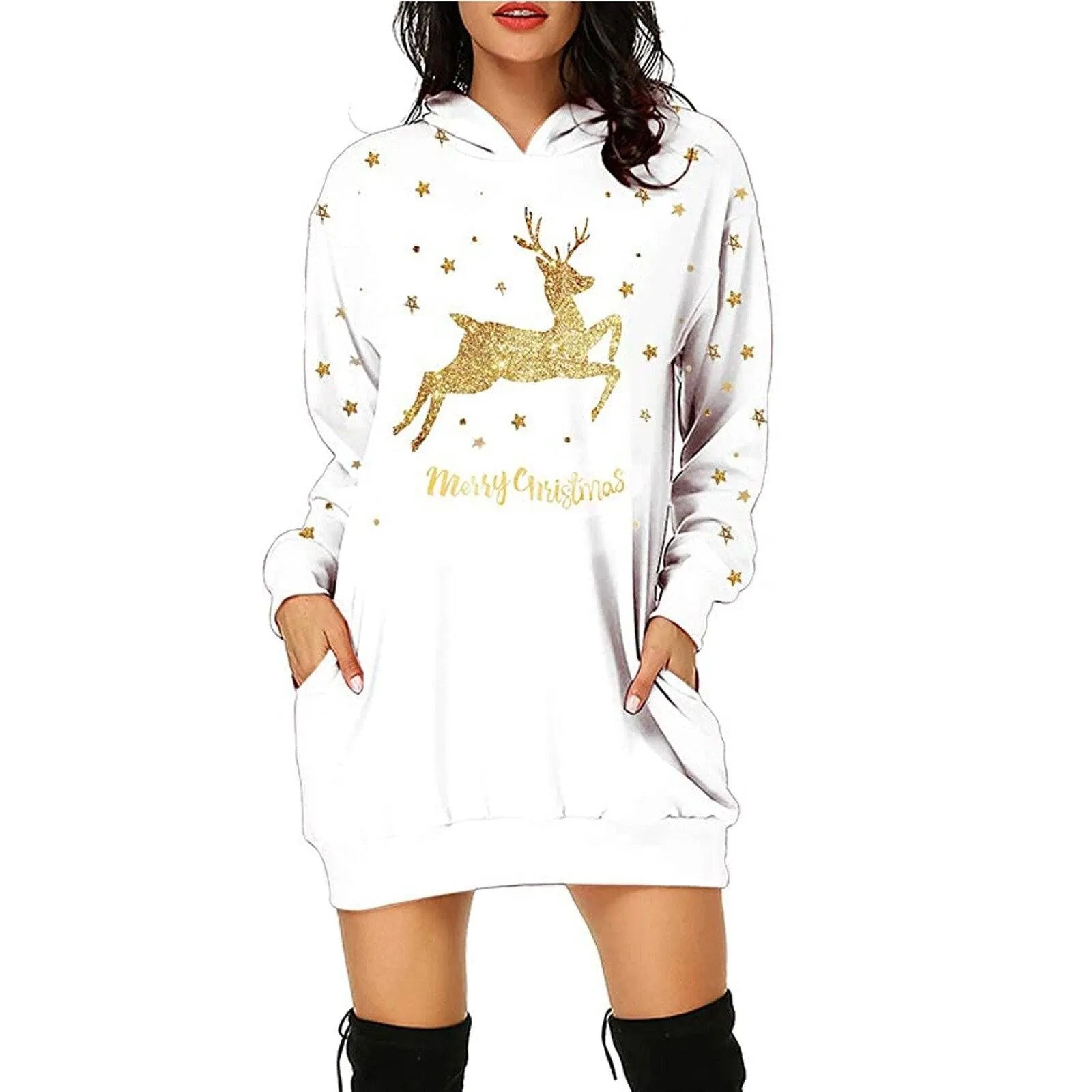 Gold Reindeer Christmas Hooded Sweater Dress: Large print and pockets, great Xmas casualwear