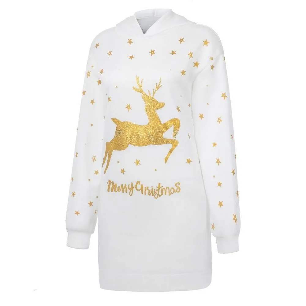 Gold Reindeer Christmas Hooded Sweater Dress: Large print and pockets, great Xmas casualwear