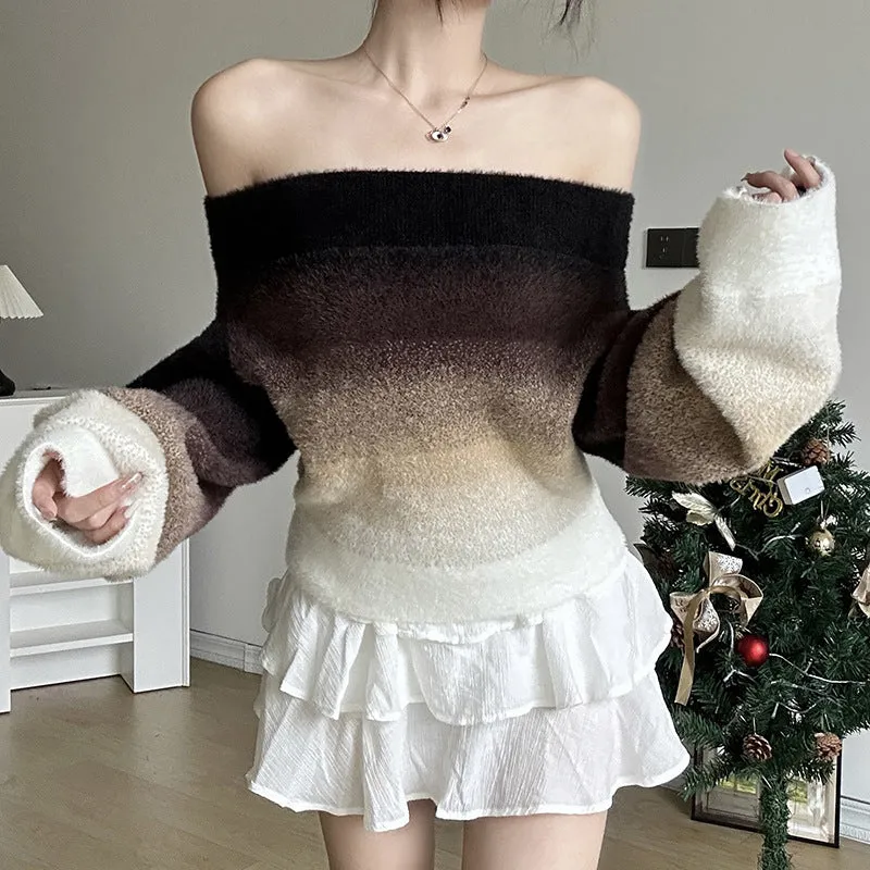 Gradient Off-neck Long-sleeved Woolen Top