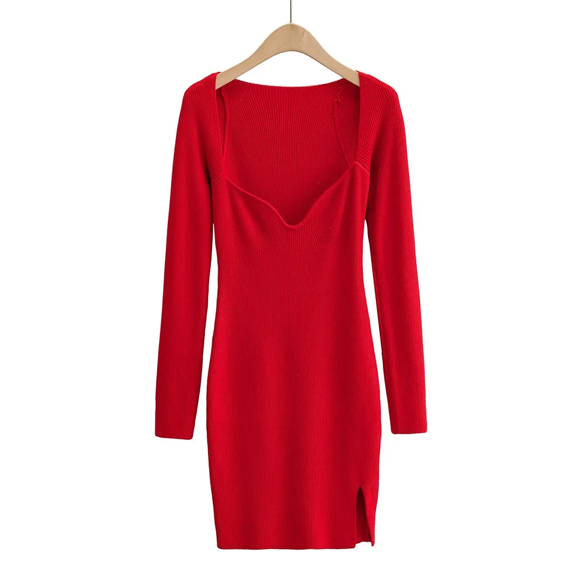 Graduation Gifts  Women Sweetheart Neckline Knit Dress Sexy Long Sleeve Knit Dresses Sweater Korean Sexy Sweet Girl Female KR42