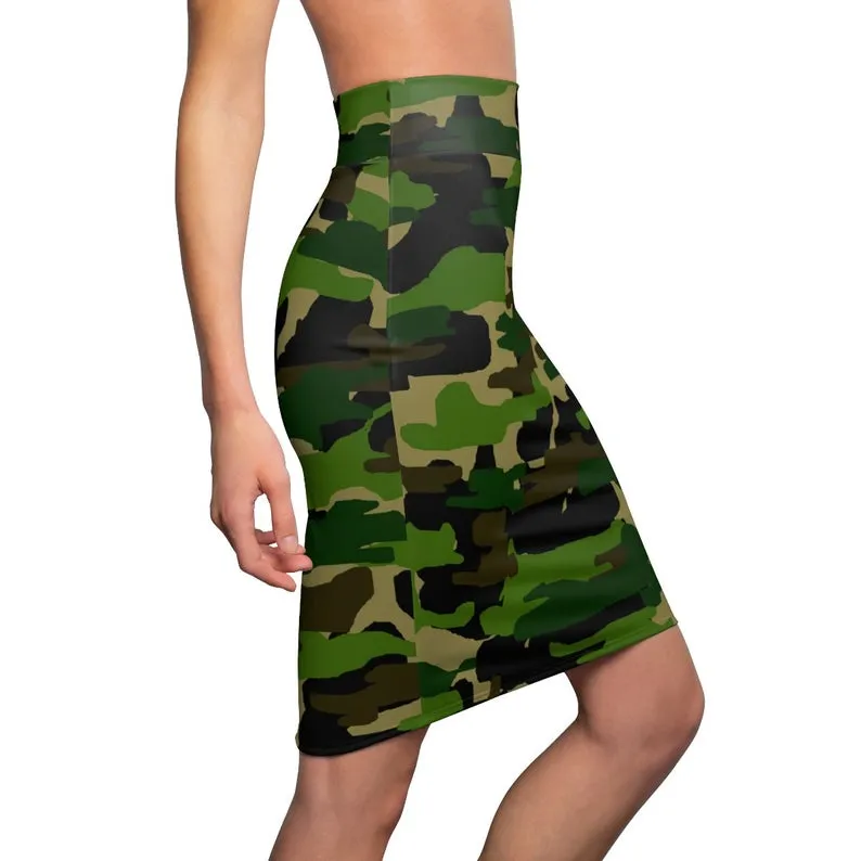 Green Camo Pencil Skirt, Best Camouflage Military Army Print Women's Pencil Skirt-Made in USA (Size XS-2XL)