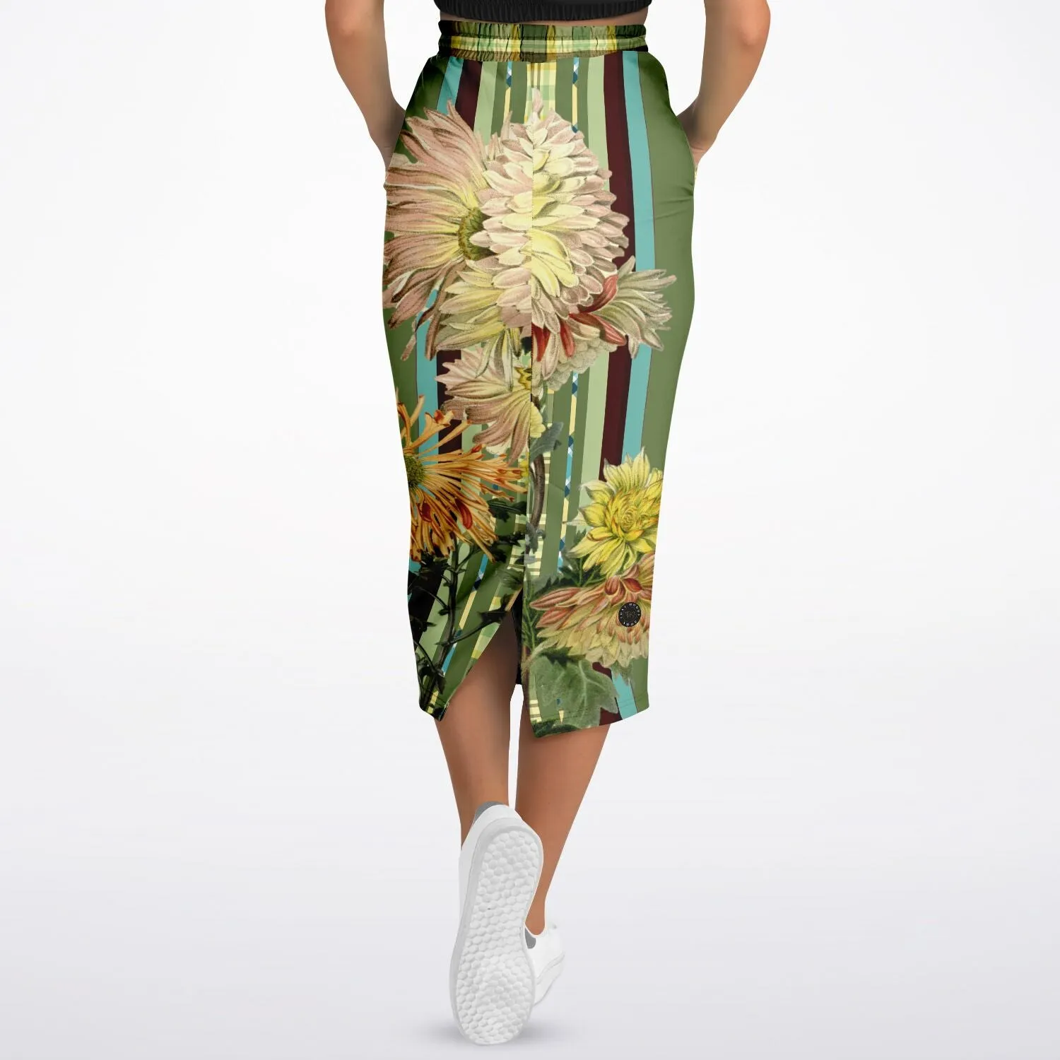 Green Caravan Floral Striped Eco-Poly Long Pocket Skirt