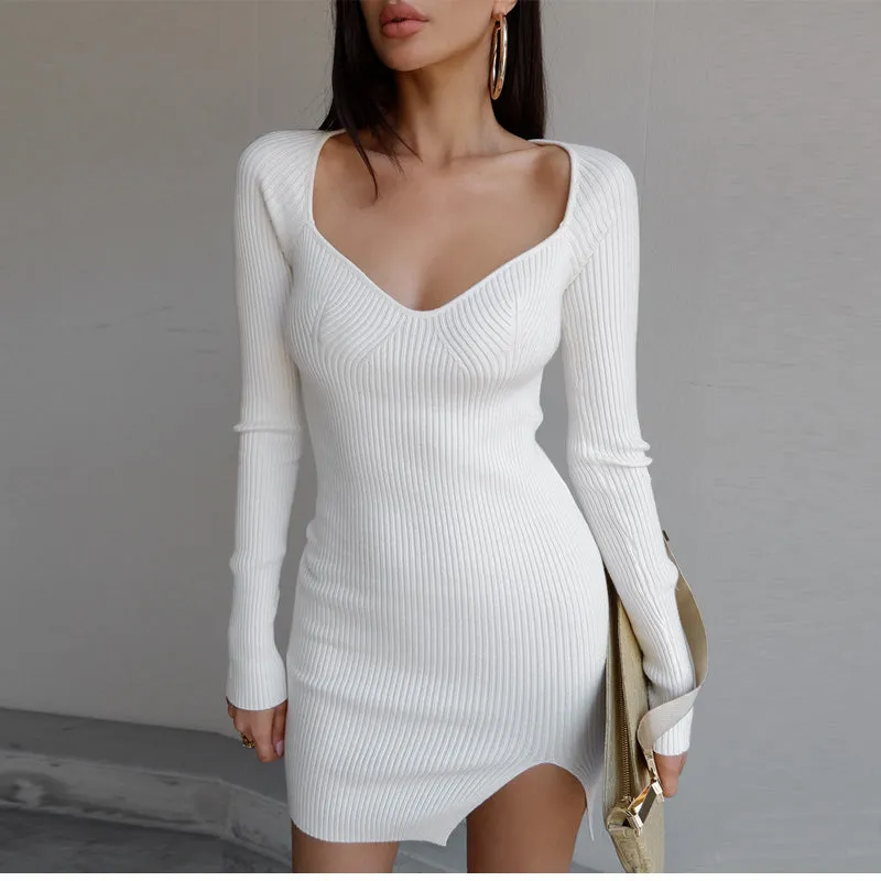 Green Long Sleeve Knitted Dress Elegant Sweetheart Neck Party Autumn Winter Bodycon Sweater Dress