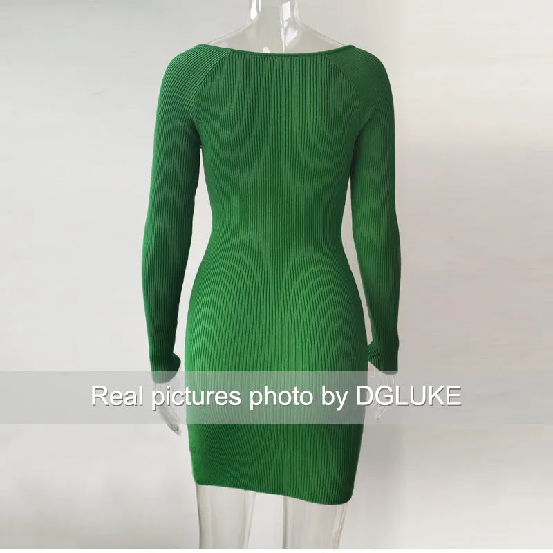 Green Long Sleeve Knitted Dress Elegant Sweetheart Neck Party Autumn Winter Bodycon Sweater Dress