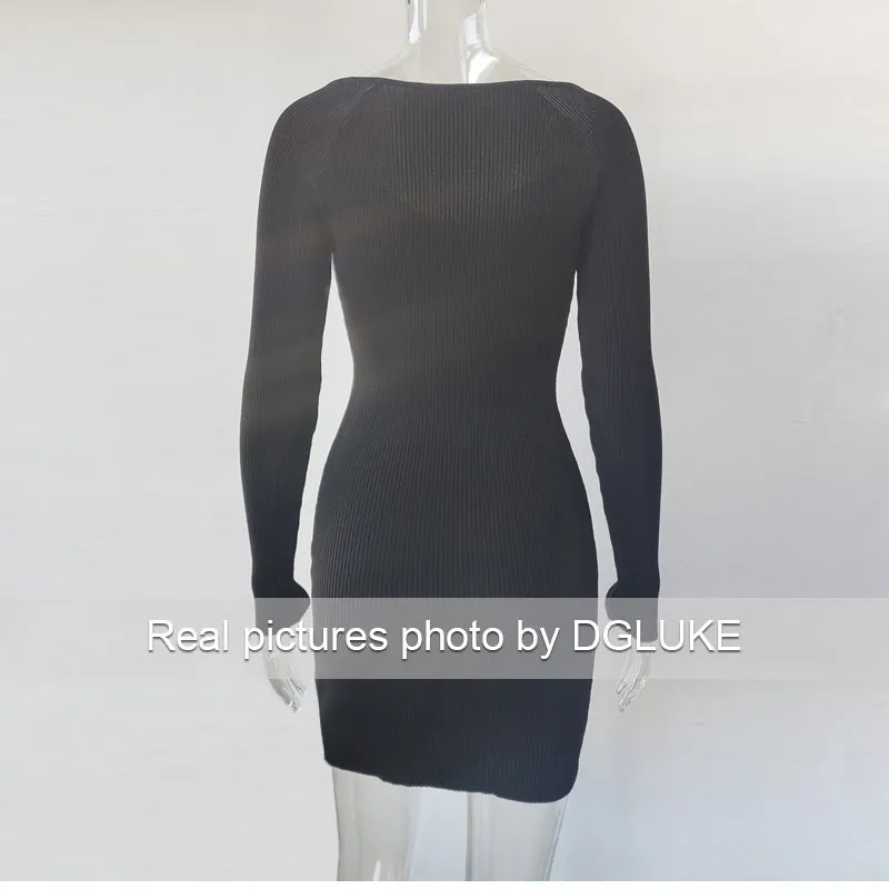 Green Long Sleeve Knitted Dress Elegant Sweetheart Neck Party Autumn Winter Bodycon Sweater Dress