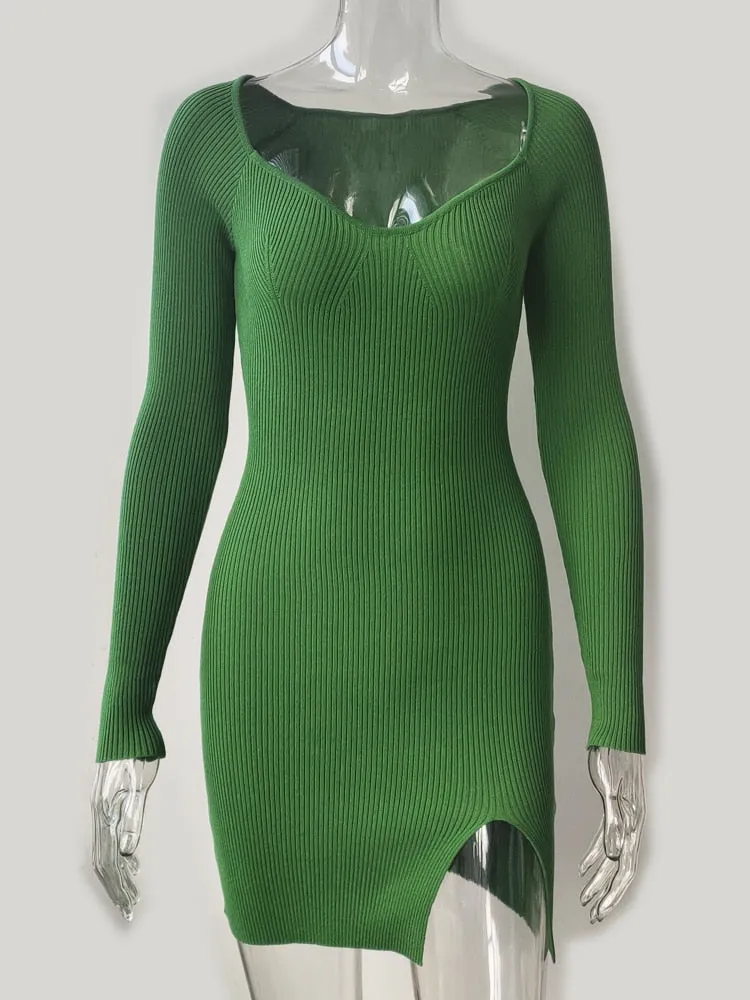 Green Long Sleeve Knitted Dress Elegant Sweetheart Neck Party Autumn Winter Bodycon Sweater Dress