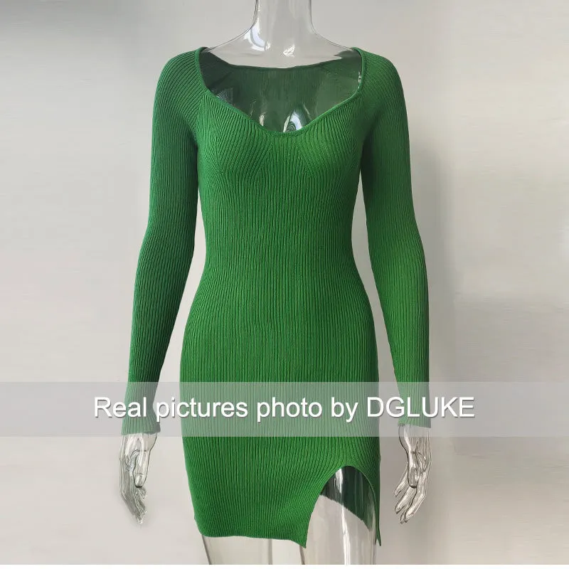 Green Long Sleeve Knitted Dress Elegant Sweetheart Neck Party Autumn Winter Bodycon Sweater Dress