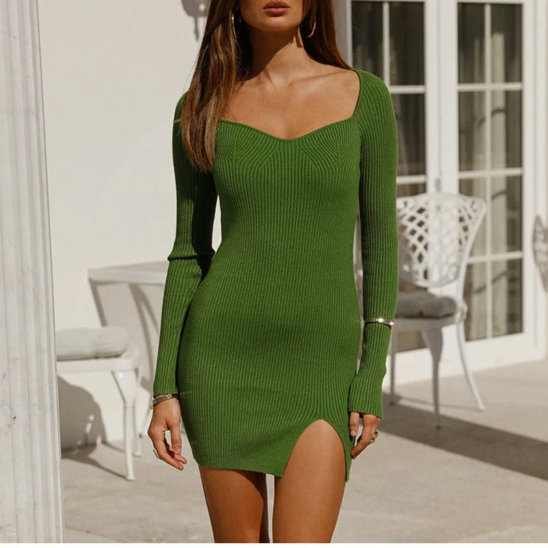 Green Long Sleeve Knitted Dress Elegant Sweetheart Neck Party Autumn Winter Bodycon Sweater Dress