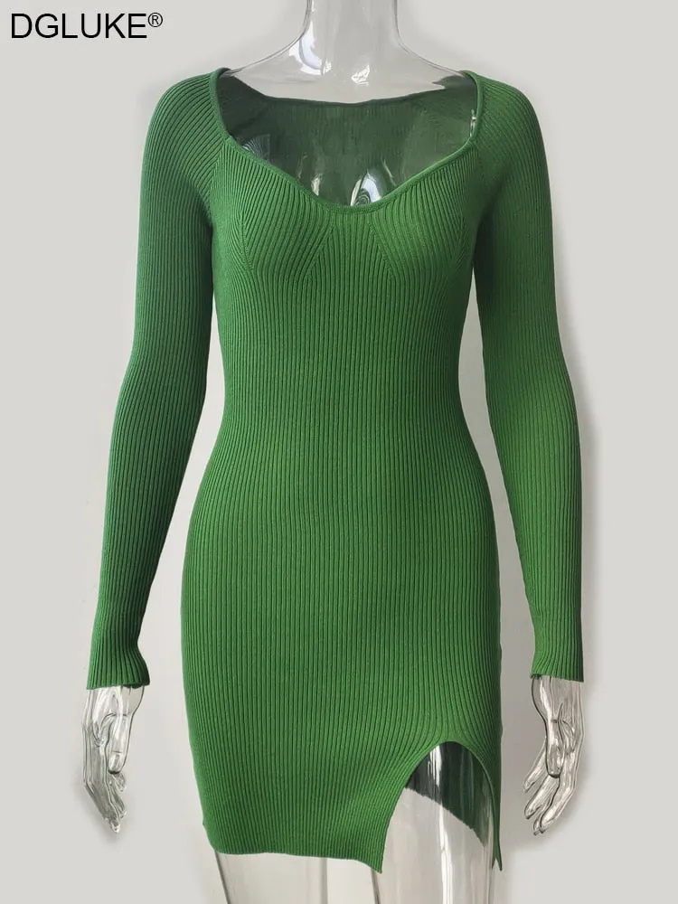 Green Long Sleeve Knitted Dress Elegant Sweetheart Neck Party Autumn Winter Bodycon Sweater Dress