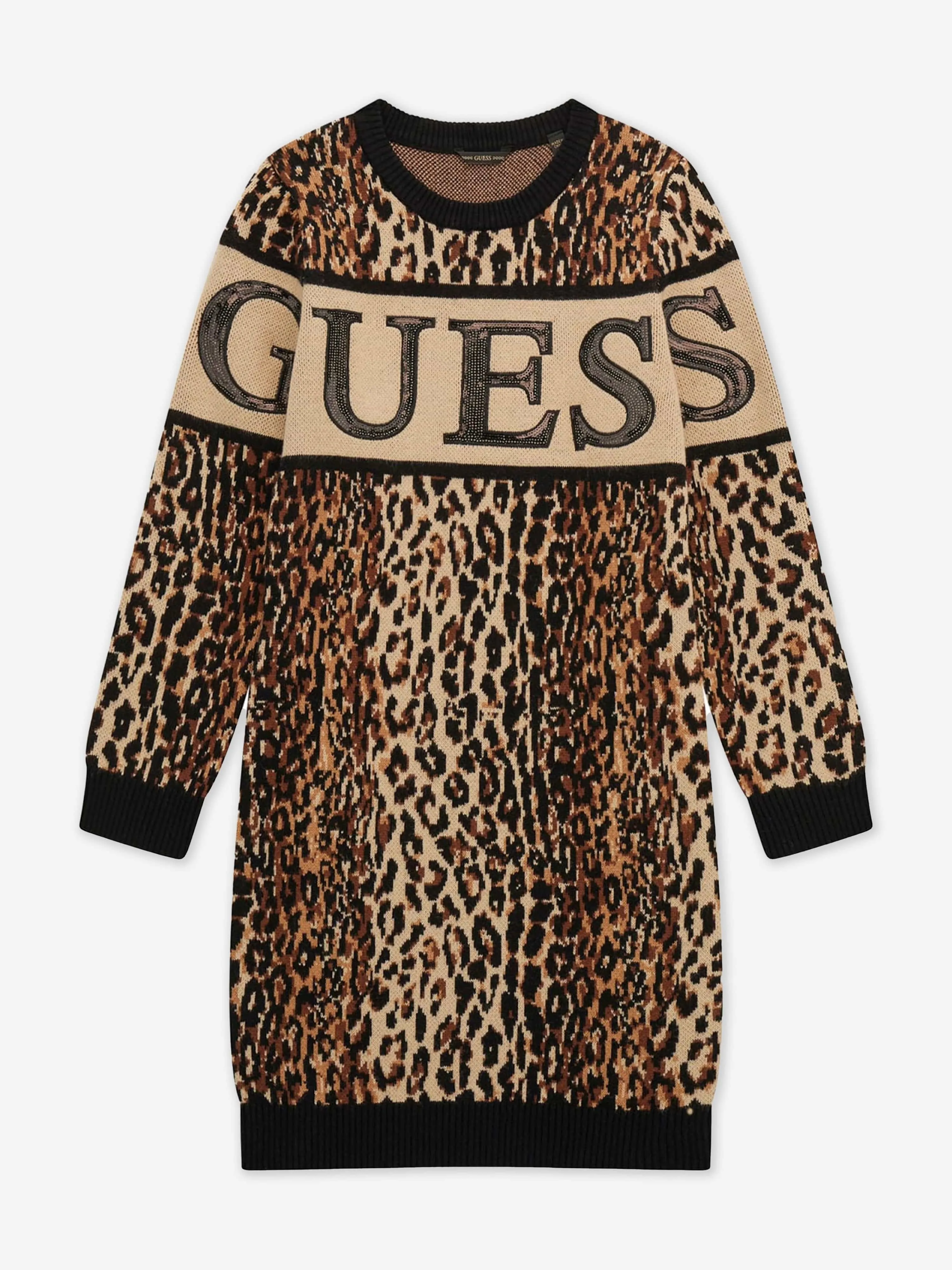 Guess Girls Leopard Print Sweater Dress in Brown