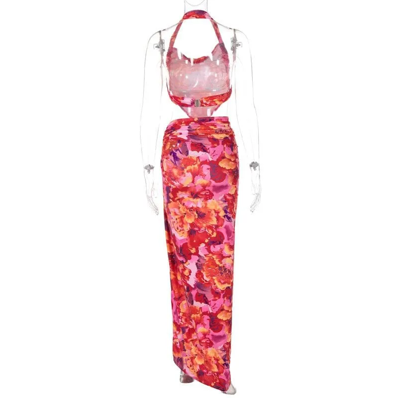 Halter flower print o ring slit maxi skirt set