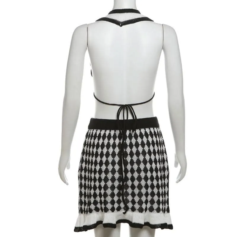 Halter self tie knitted plaid backless mini skirt set