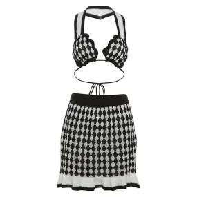 Halter self tie knitted plaid backless mini skirt set