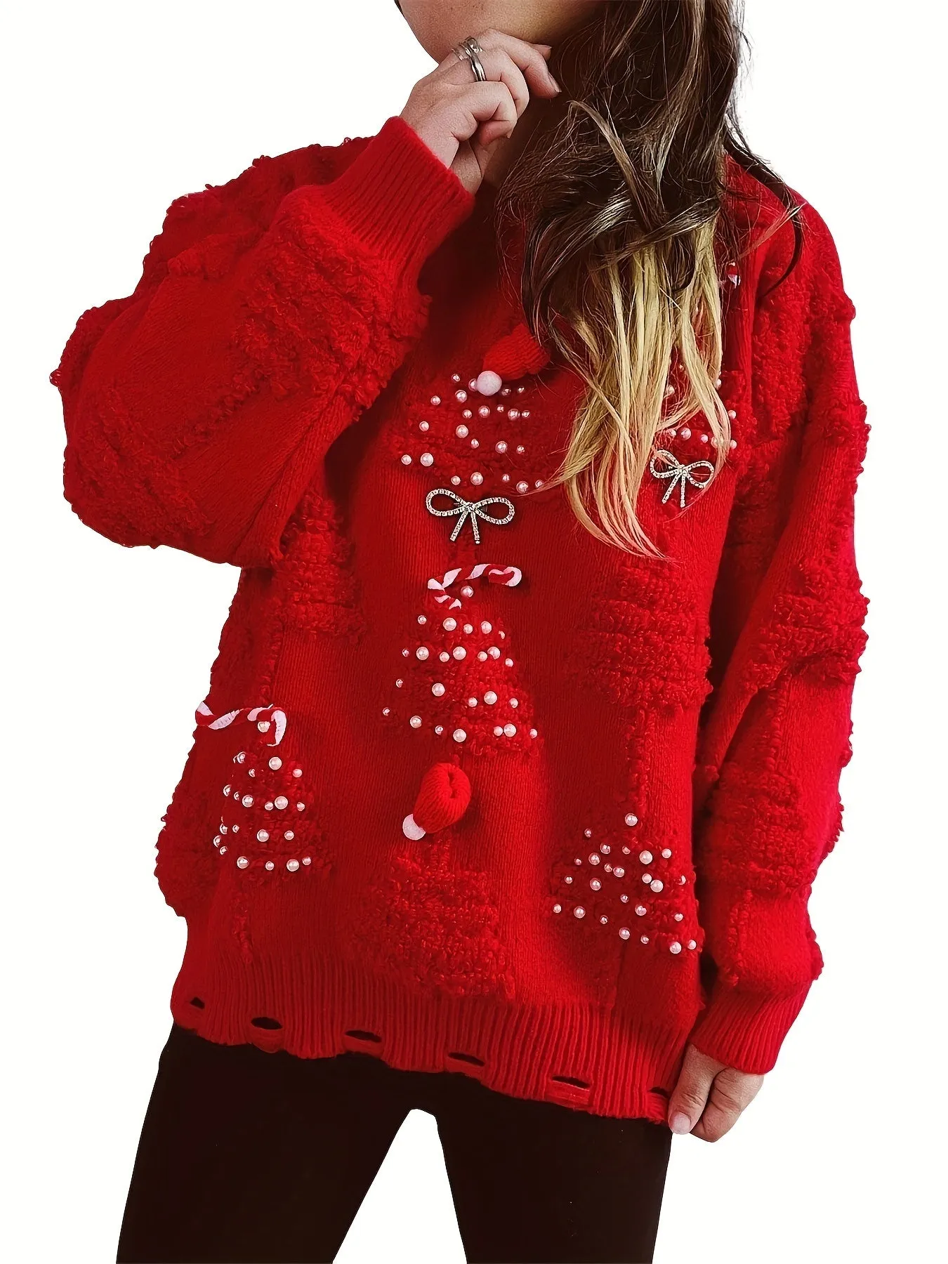 Handcrafted Pearl Christmas Sweater for Women - Cozy Fleece-Lined, Casual Crew Neck Pullover with Festive 3D Decorations