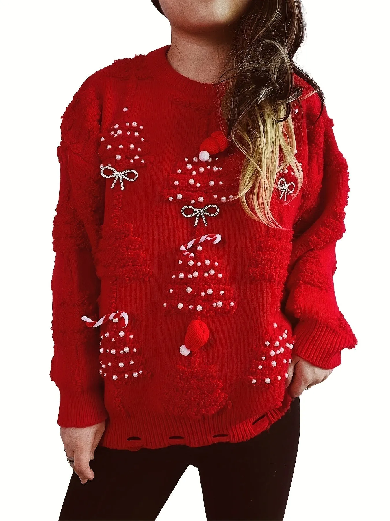 Handcrafted Pearl Christmas Sweater for Women - Cozy Fleece-Lined, Casual Crew Neck Pullover with Festive 3D Decorations