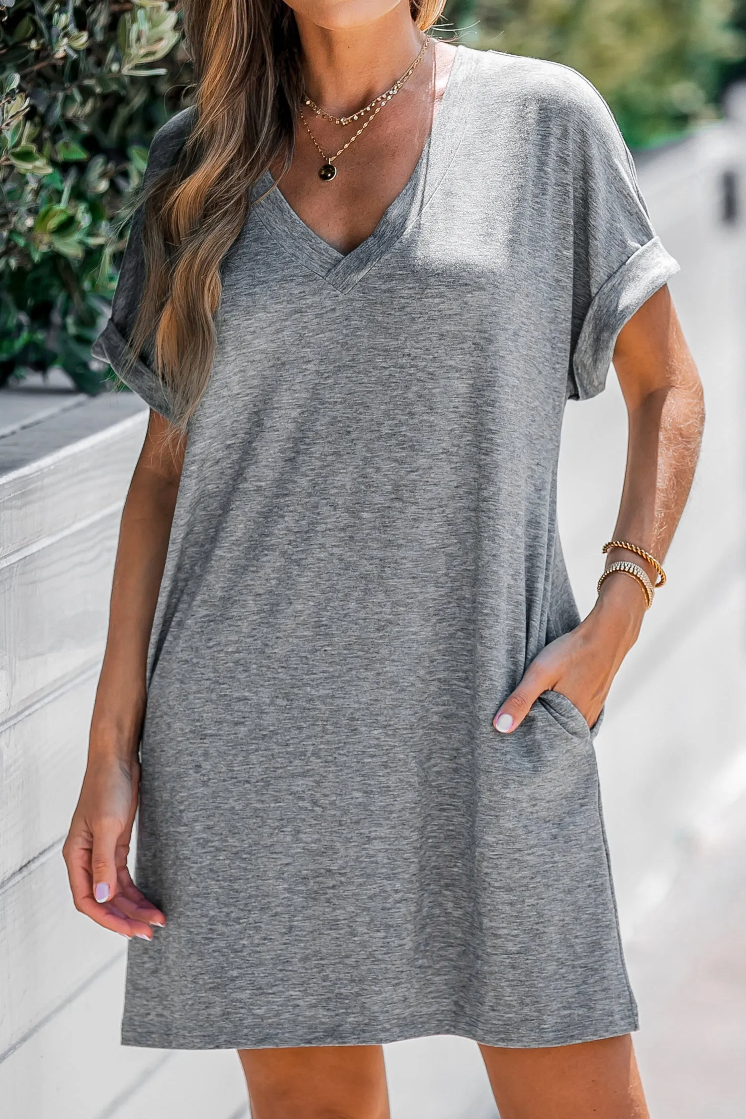 Heathered Knit V-neck T-Shirt Dress