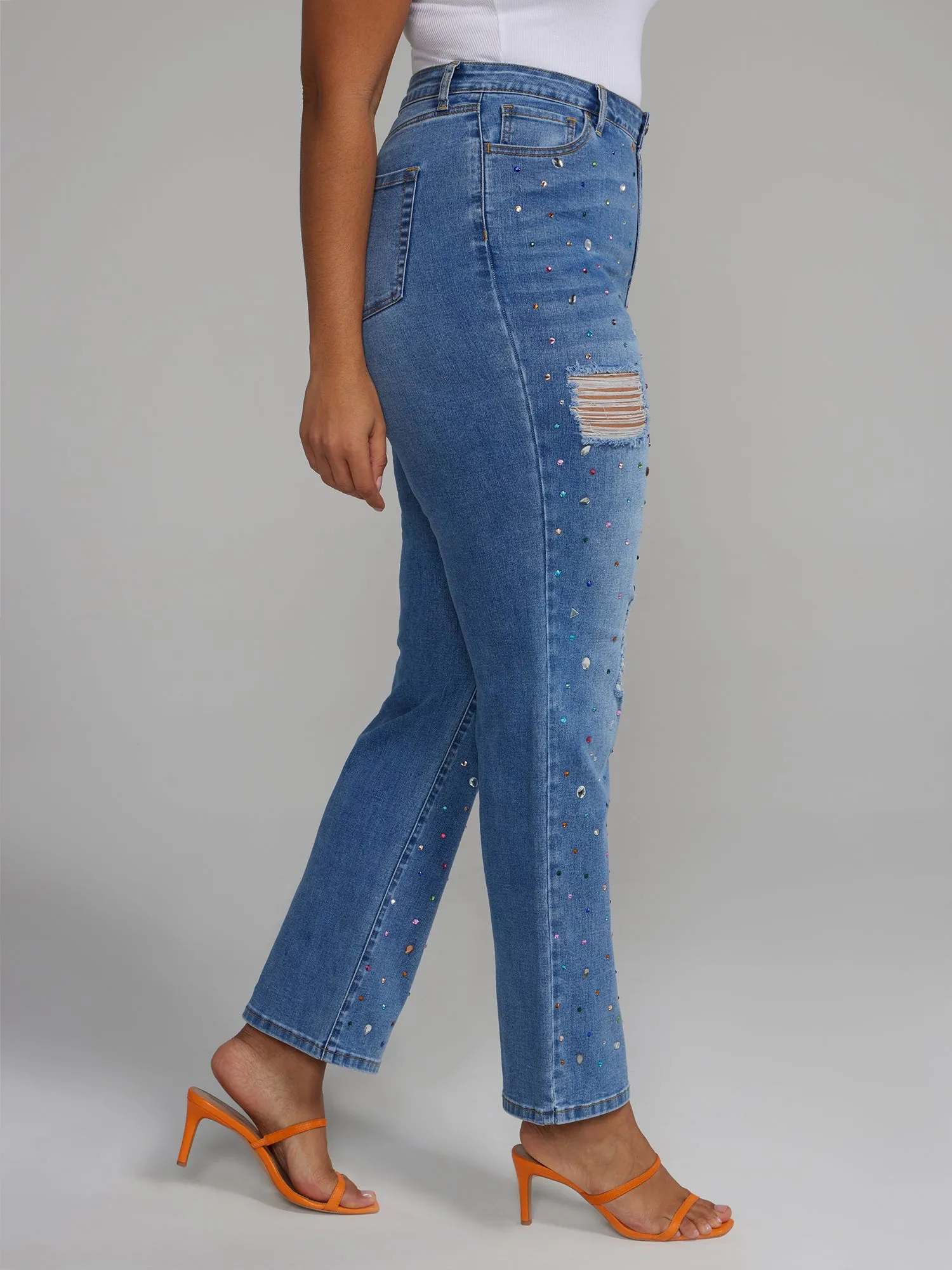 High Rise Rhinestone Straight Leg Jeans