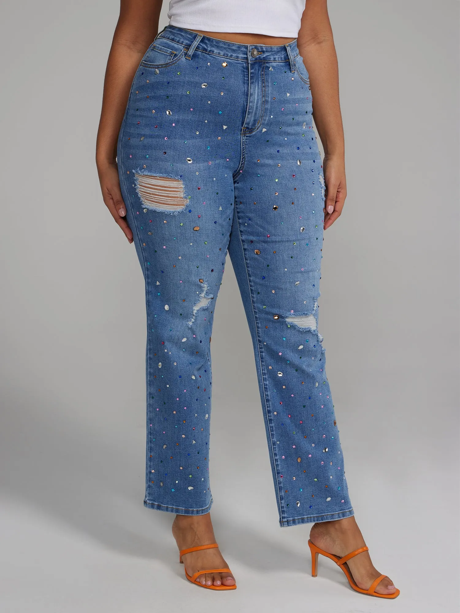 High Rise Rhinestone Straight Leg Jeans