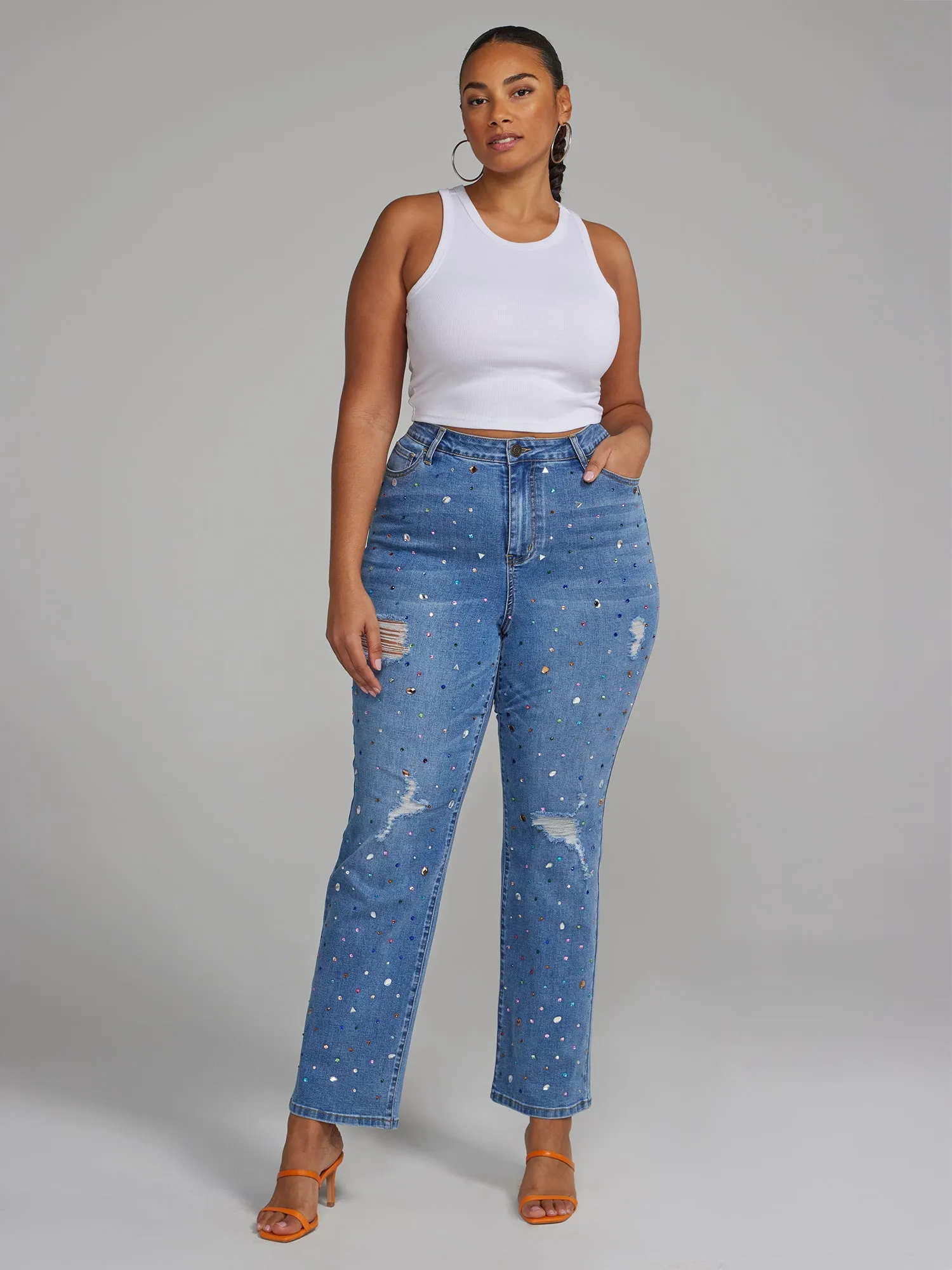 High Rise Rhinestone Straight Leg Jeans