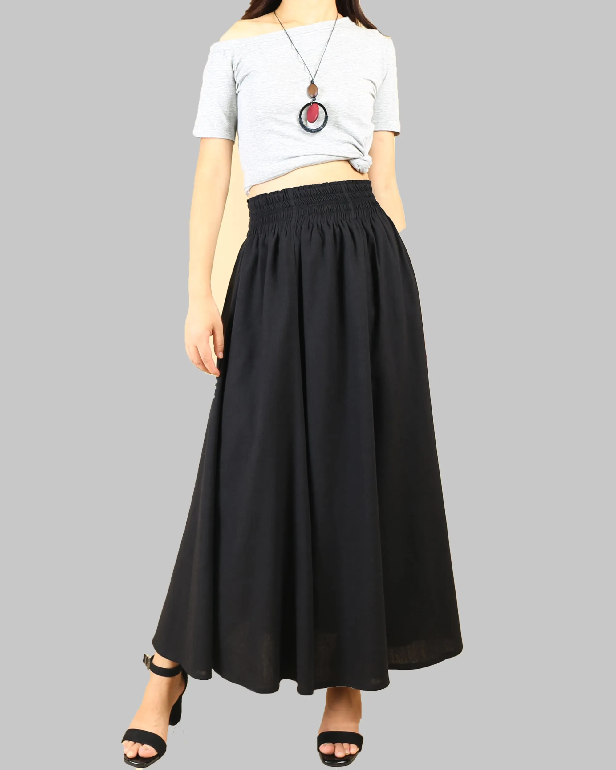 high waist skirt, linen skirt, maxi skirt, elastic waist skirt, long skirt, flared skirt(Q1989)