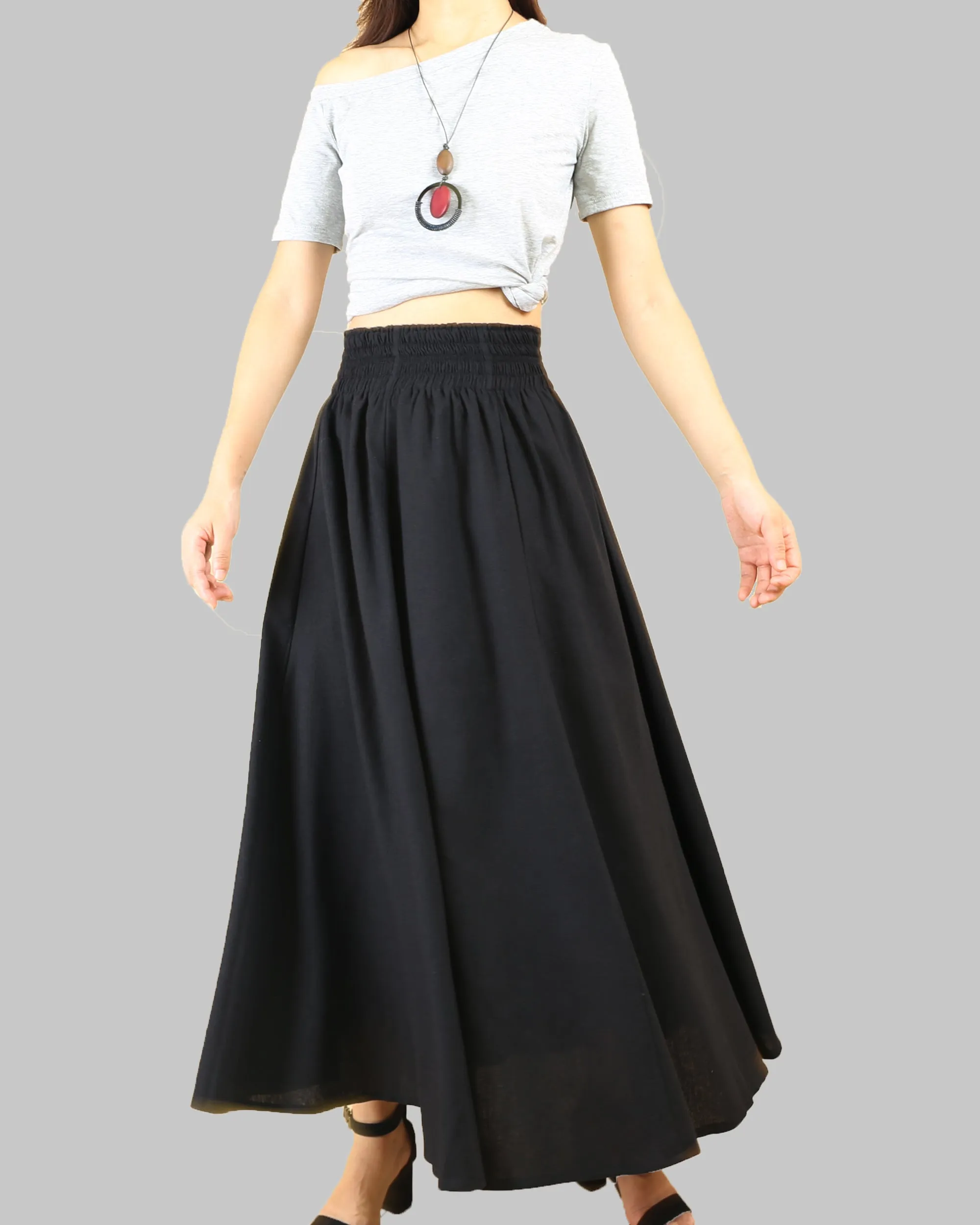 high waist skirt, linen skirt, maxi skirt, elastic waist skirt, long skirt, flared skirt(Q1989)