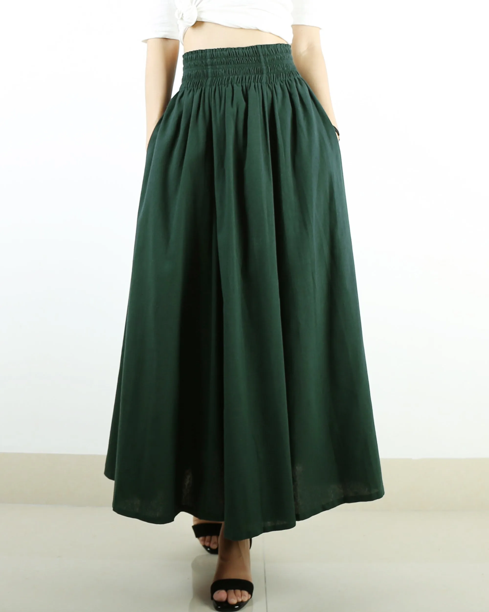 high waist skirt, linen skirt, maxi skirt, elastic waist skirt, long skirt, flared skirt(Q1989)