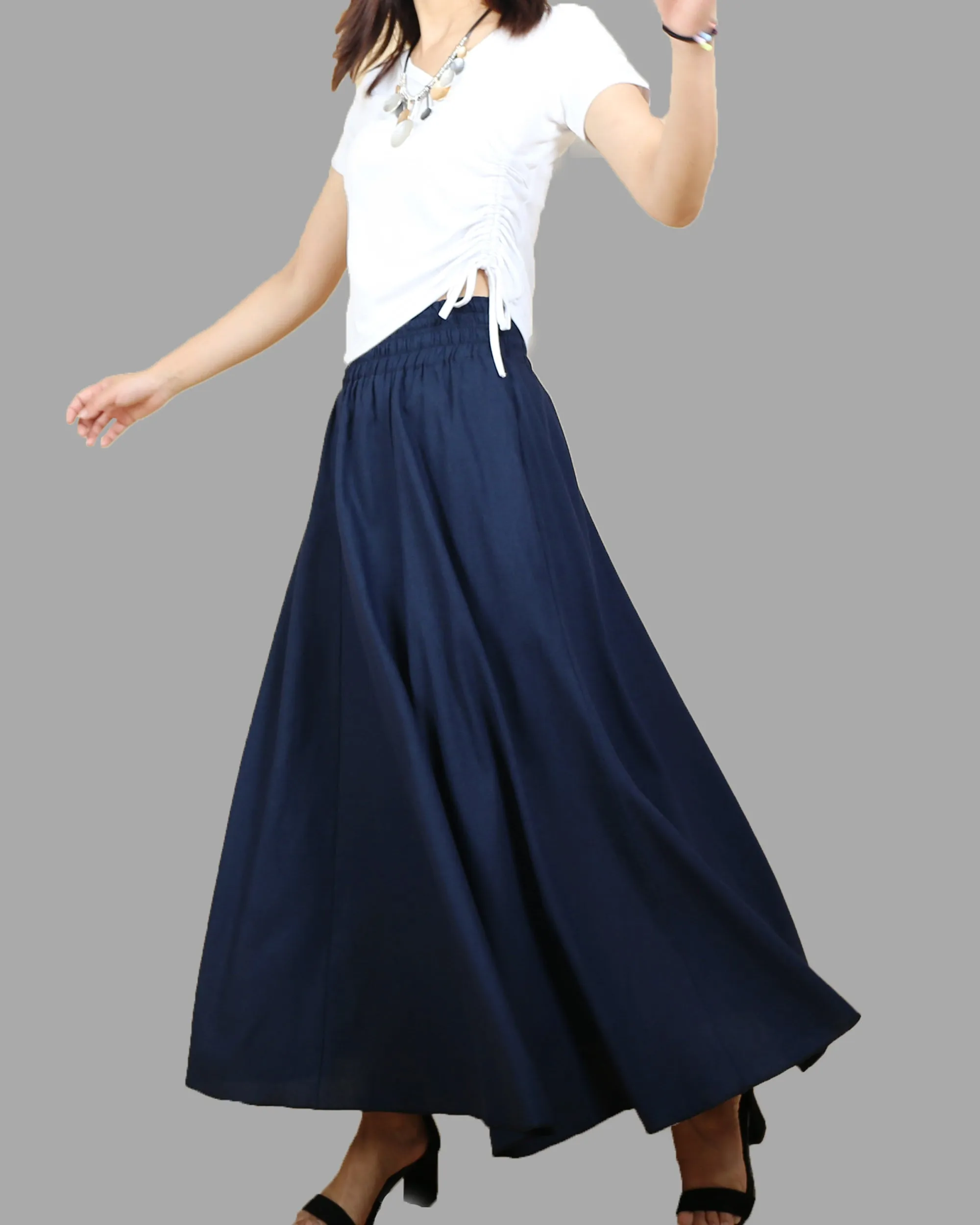 high waist skirt, linen skirt, maxi skirt, elastic waist skirt, long skirt, flared skirt(Q1989)