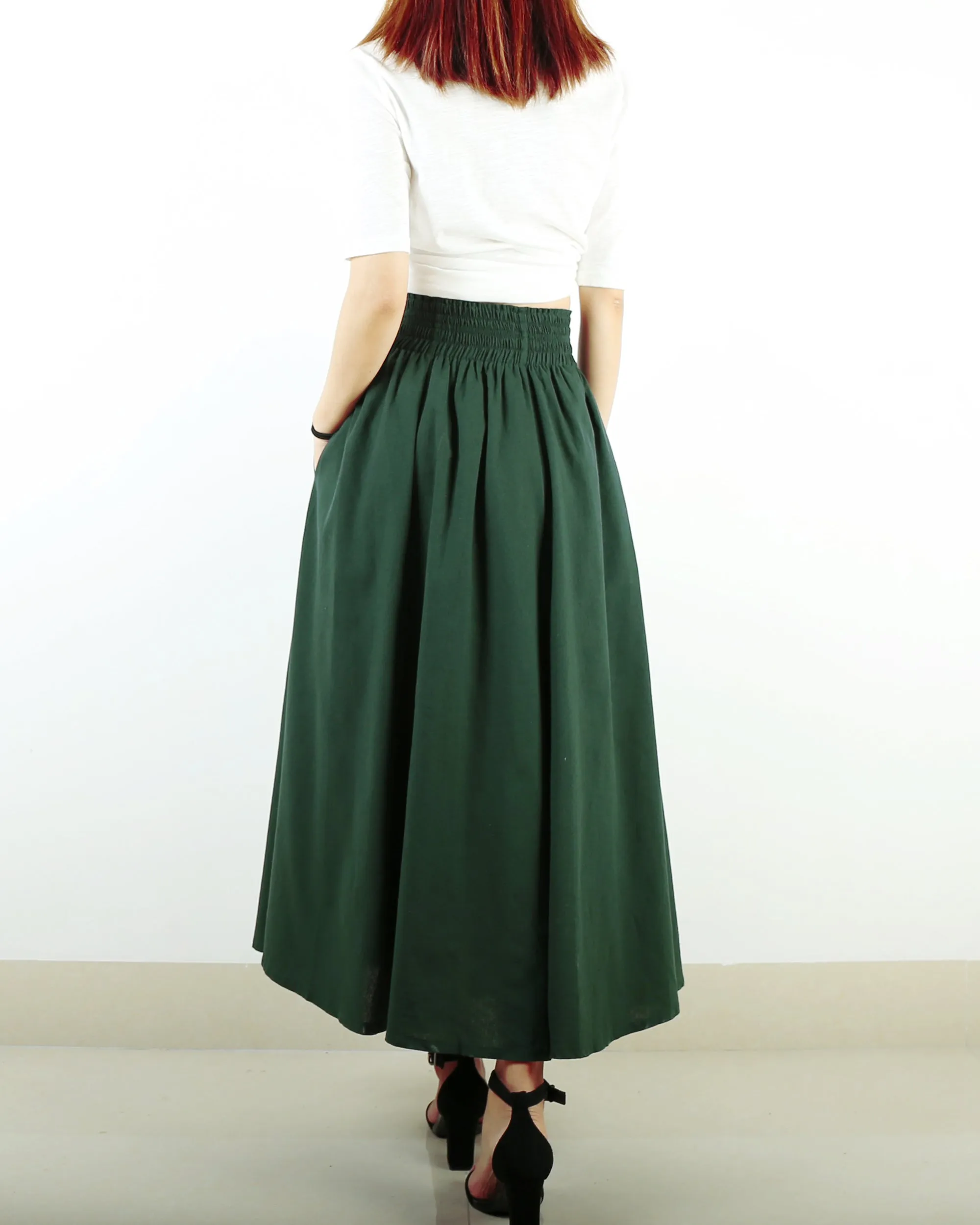 high waist skirt, linen skirt, maxi skirt, elastic waist skirt, long skirt, flared skirt(Q1989)