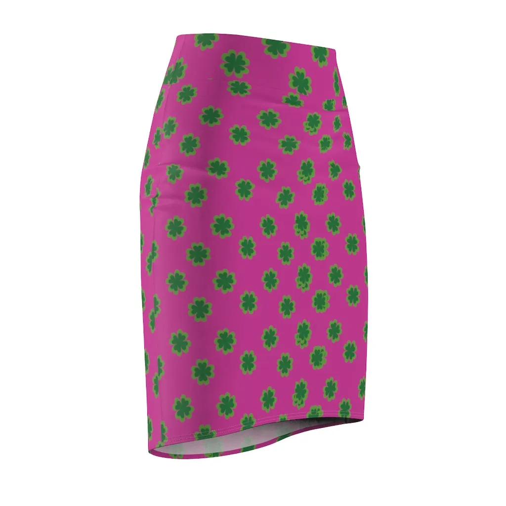 Hot Pink Clover Pencil Skirt, Pink And Green Clover Leaf Print St. Patrick's Day Women's Pencil Skirt- Made in USA