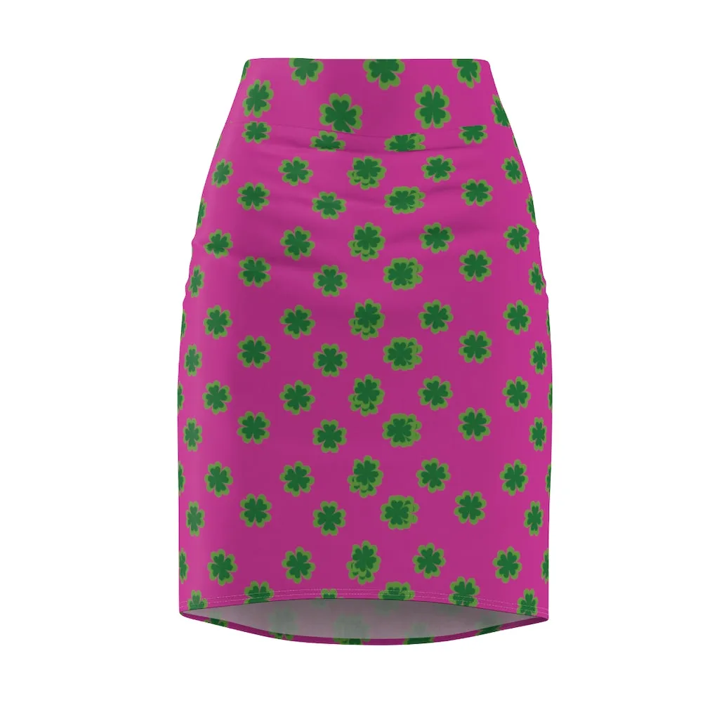 Hot Pink Clover Pencil Skirt, Pink And Green Clover Leaf Print St. Patrick's Day Women's Pencil Skirt- Made in USA