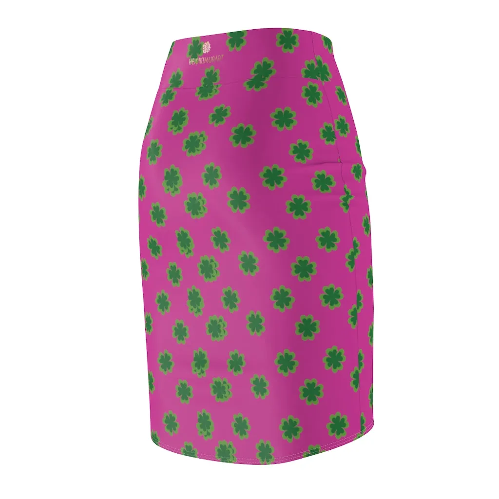 Hot Pink Clover Pencil Skirt, Pink And Green Clover Leaf Print St. Patrick's Day Women's Pencil Skirt- Made in USA