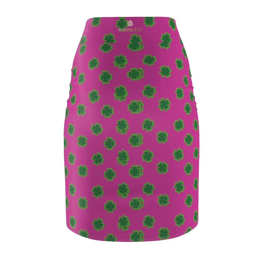 Hot Pink Clover Pencil Skirt, Pink And Green Clover Leaf Print St. Patrick's Day Women's Pencil Skirt- Made in USA