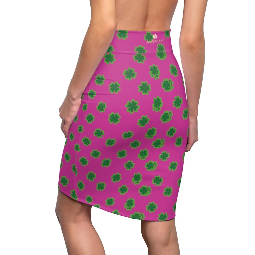 Hot Pink Clover Pencil Skirt, Pink And Green Clover Leaf Print St. Patrick's Day Women's Pencil Skirt- Made in USA