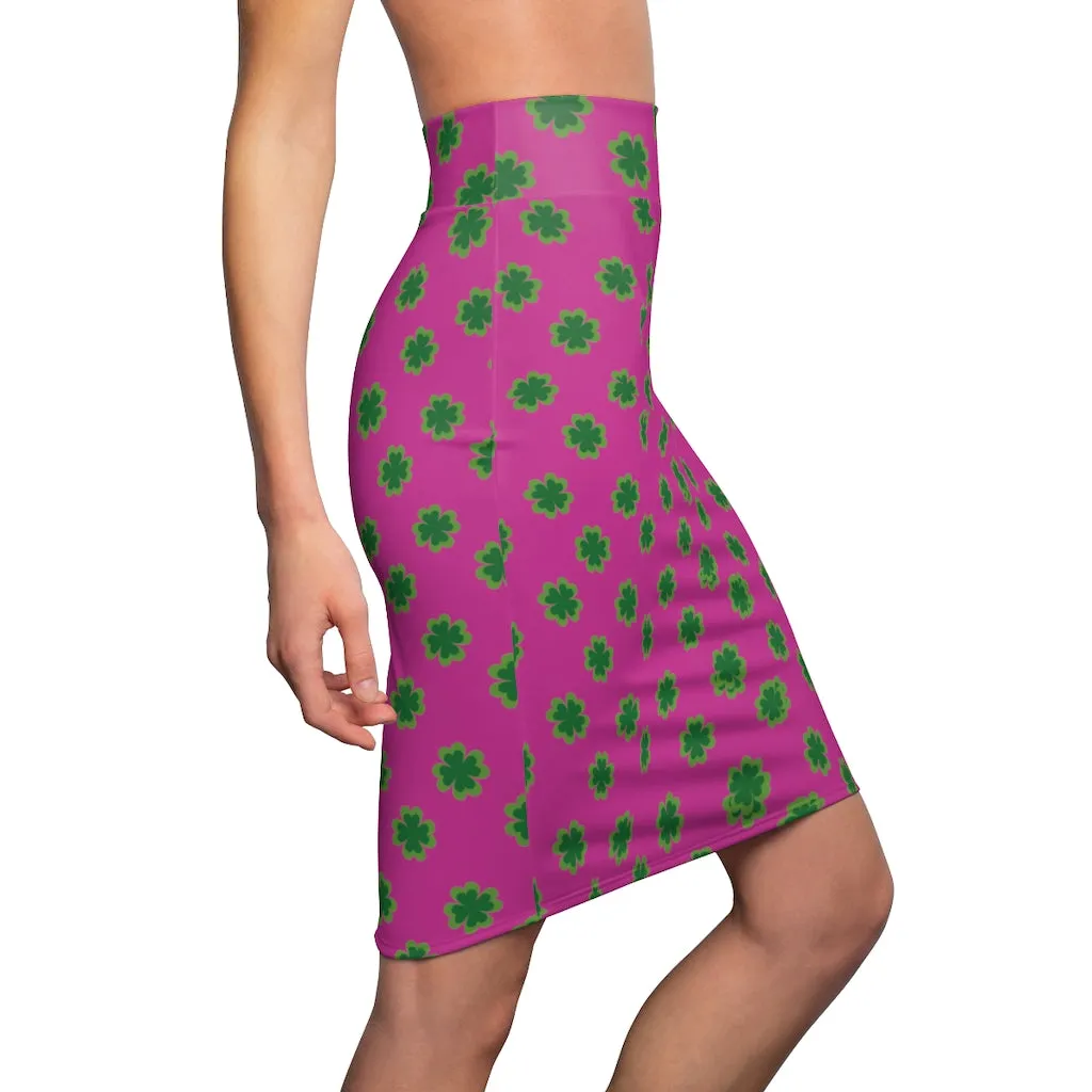 Hot Pink Clover Pencil Skirt, Pink And Green Clover Leaf Print St. Patrick's Day Women's Pencil Skirt- Made in USA